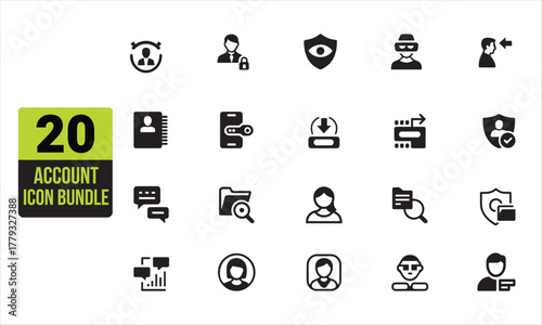 Diverse set of black and white account and security icons displayed