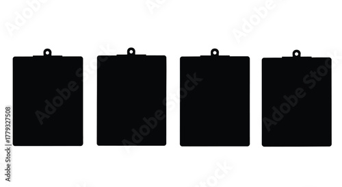 Four black clipboards isolated on white background in a row on white background