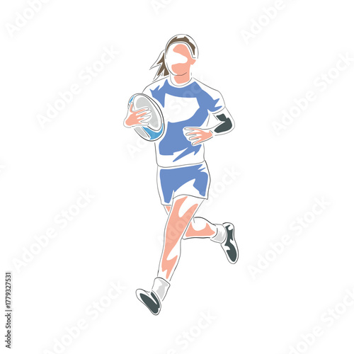 Isolated vector illustration of a woman playing rugby. Female athlete running with ball in hand. Thin line art with flat color fill, minimalist clip art style