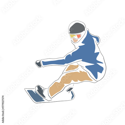 Isolated vector illustration of a man snowboarding and turning. Winter sport athlete in motion, drawn in thin line art with flat color fill. Minimalist clip art style