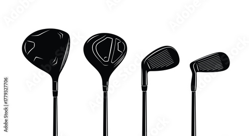 Silhouette of four golf clubs isolated on white background