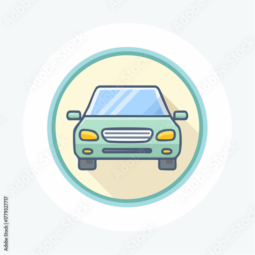 A flat design illustration of a modern light green car viewed from the front, set within a circular frame