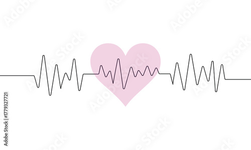 Continuous line drawing of heart with heartbeat. Pulse trace. Cardiogram icon. One line drawing. Single line art. Vector illustration .EPS 10 .