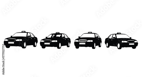 Four black taxi cabs isolated on white background in a horizontal line