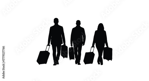 Three black people with luggage isolated on white background walking