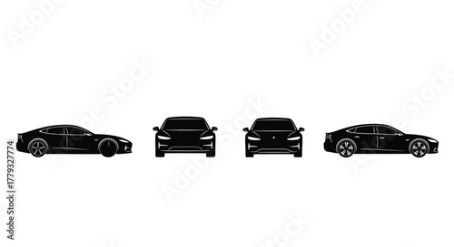 Four black car silhouettes isolated on white background in different angles
