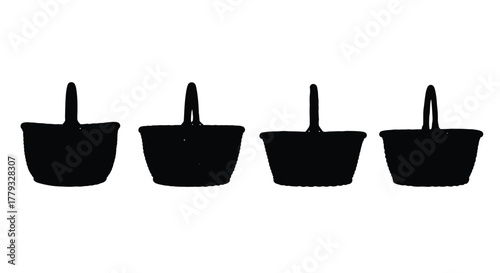 Four black baskets with handles isolated on white background
