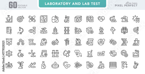 Laboratory and lab test line icon set. Experiment, test tube, microscope, flask, chemical, research, flask, chemical, biology outline icons. Editable stroke design