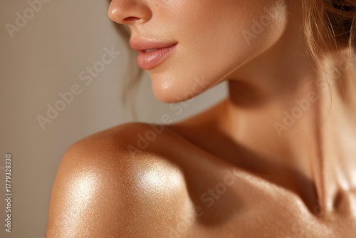 Side view of woman with glowing skin and golden shoulder under warm light