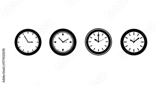 Four clocks isolated on white background, showing different times of the day