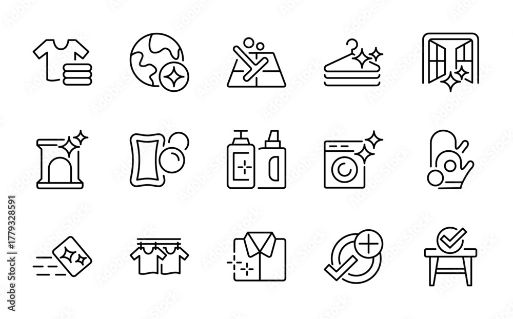 Fototapeta premium Home Cleaning Outline Icons. Sanitation, household equipment, and hygiene products thin line vector collection for domestic, commercial, and maid service