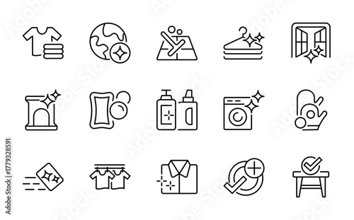 Home Cleaning Outline Icons. Sanitation, household equipment, and hygiene products thin line vector collection for domestic, commercial, and maid service
