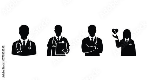 Silhouetted doctors in various poses isolated on white background