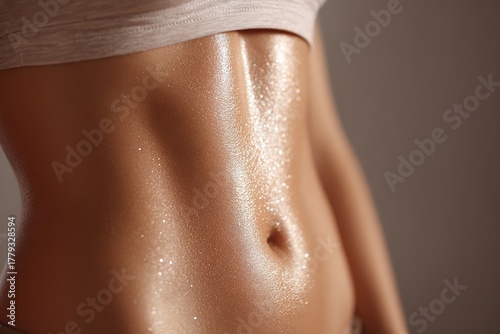Close-up of woman toned stomach torso and belly button with golden shimmer body oil glowing skin