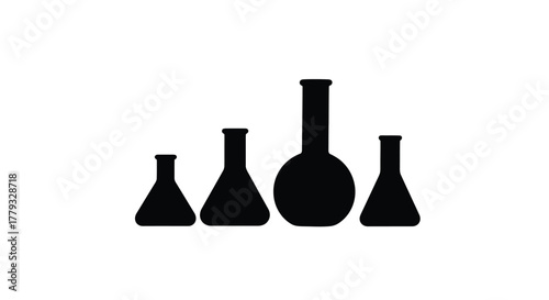Four black laboratory flasks isolated on white background