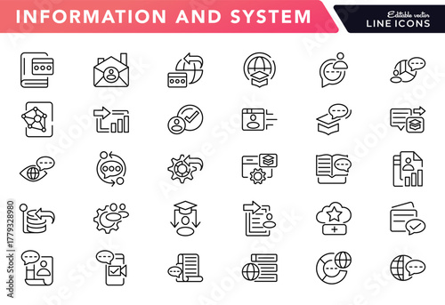 Information and System line icon set. Connection, communication, internet, router, signal, wireless technology, IT, and network vector outline icons design. UI thin line icon pack.
