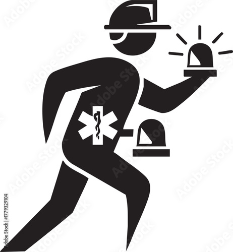 Adobe Illustrator Artwork  Emergency Medical Technician (EMT) Running with Siren and Star of Life Symbol - Black and White Icon