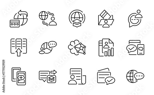 Information and System Line Icon Set. Connection, communication, internet, router, signal, and wireless technology outline vector pack for IT and network design