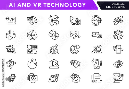 AI and VR Technology line icon set. Headsets, 3D visuals, immersive experiences, controllers, simulations, machine, chat line icons