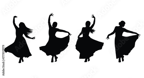 Silhouette of four female dancers in various poses isolated on white background