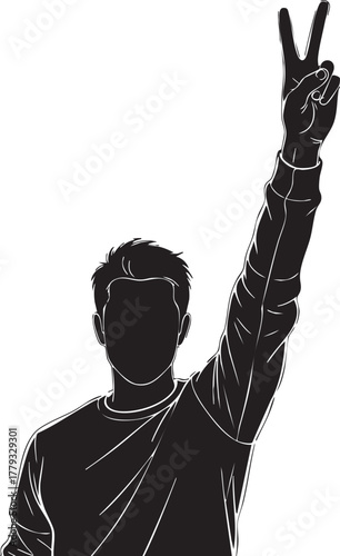 Adobe Illustrator Artwork Silhouette of Man Showing Victory or Peace Sign - Black and White Graphic