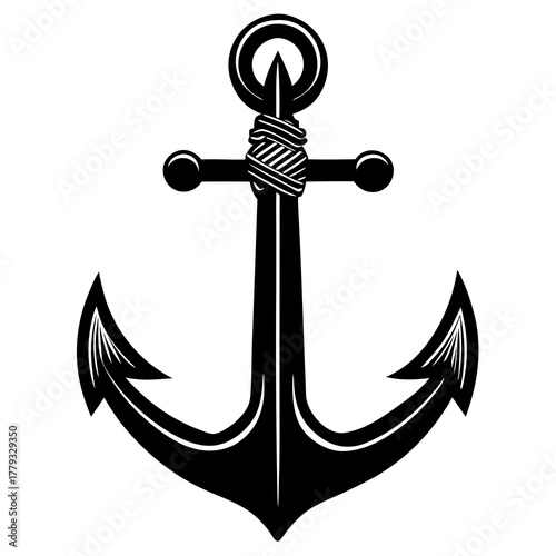Classic black anchor with rope detail isolated on white background isolated on transparent background
