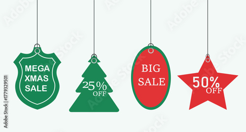 Collection of hanging christmas sale tags discounts like 25 off 50 off, big sale, mega xmas sale