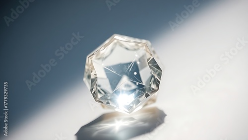 condoning. A naturally formed icosahedral crystal mineral, refracting geometric light in soft natural lighting against a clean background. STEM education sheets.