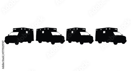 Four ambulances lined up isolated on white background