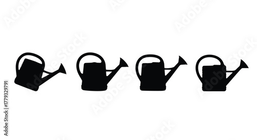 Four black watering can icons isolated on white background