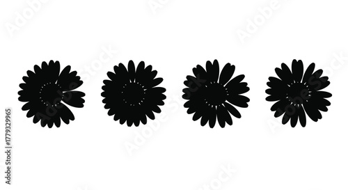 Four black flower silhouettes isolated on white background, top view
