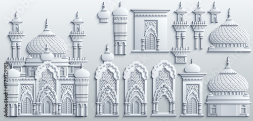 Set of stylized ancient Middle Eastern buildings in paper cut style. Perfect for games, travel guides, architecture projects, or historical infographics. Hand drawn vector illustration