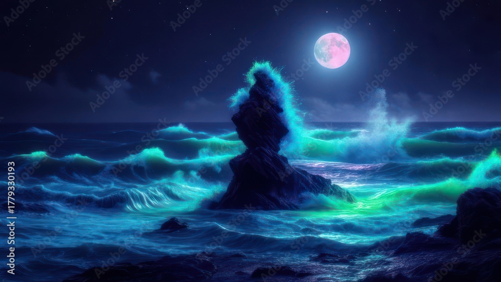 Naklejka premium Night seascape with glowing waves crashing against a rock formation under a full moon