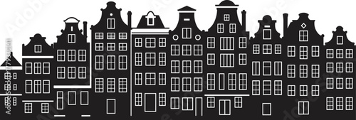 Silhouette, European buildings, Dutch architecture, Amsterdam skyline, historic facades, gabled roofs, urban illustration, black and white, travel, culture