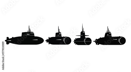 Four black submarines isolated on white background, underwater vessel