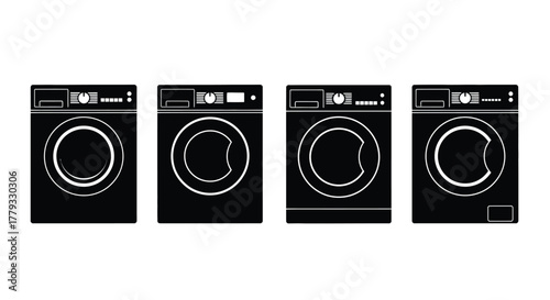 Four washing machines isolated on white background are in a horizontal row