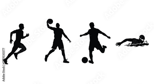Silhouettes of athletes engaged in various sports isolated on white background