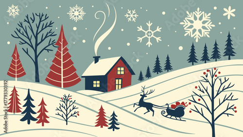 Winter scene with house trees snowflakes and reindeer pulling a sleigh in a snowy landscape design