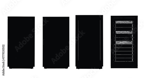 Four black cabinet designs isolated on white background, showcasing different styles