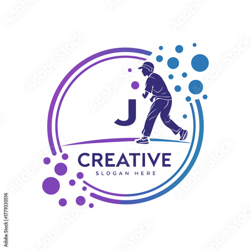 Creative letter J logo design with walking man and circle dots