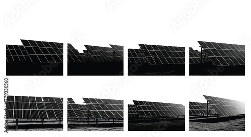 Rows of solar panels stretching into the distance isolated on white background
