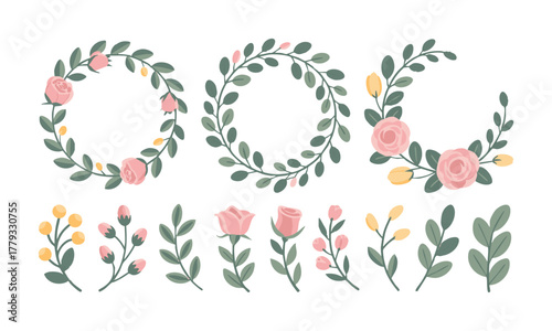 Romantic Rose Bouquets and Floral Borders Vector Elements illustration collection are easily editable.