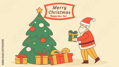 Santa giving a gift near christmas tree with merry christmas sign and presents on a beige background