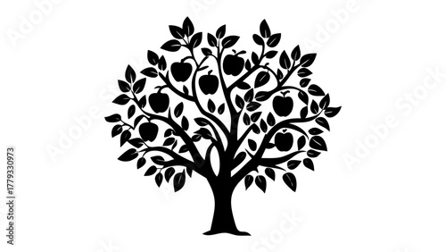 Tree of Plenty: A stylized silhouette depicts a lush apple tree, its branches laden with fruit, embodying nature's bounty and the cycle of life.