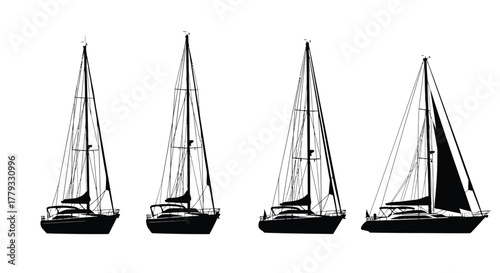 Four sailboats are sailing on the water isolated on white background