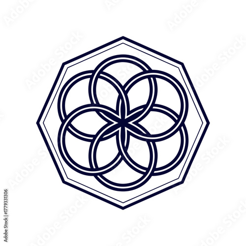 Geometric flower of life pattern inside hexagon outline