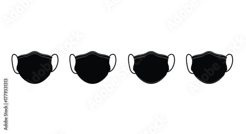 Four black face masks isolated on white background are arranged in a row
