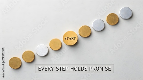 Minimal geometric arrangement of gold and silver discs in sequence, business concept