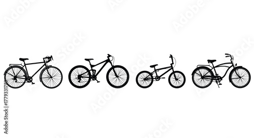 Four different types of bicycles are arranged in a row isolated on white background