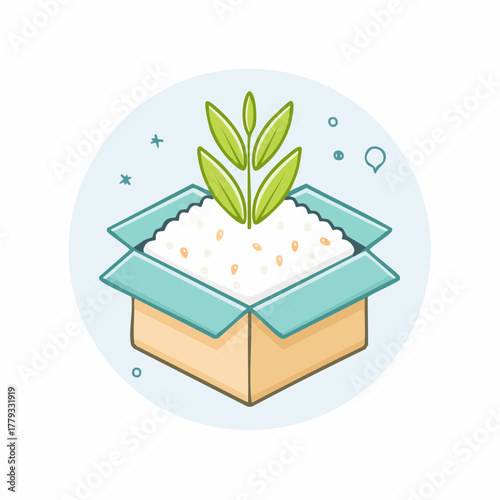 A growing plant emerges from an open box filled with white granular material, symbolizing new beginnings and potential